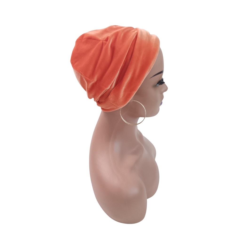 Orange Velvet Beanie Headpiece Cuffed Slouchy Hat Women Accessory
